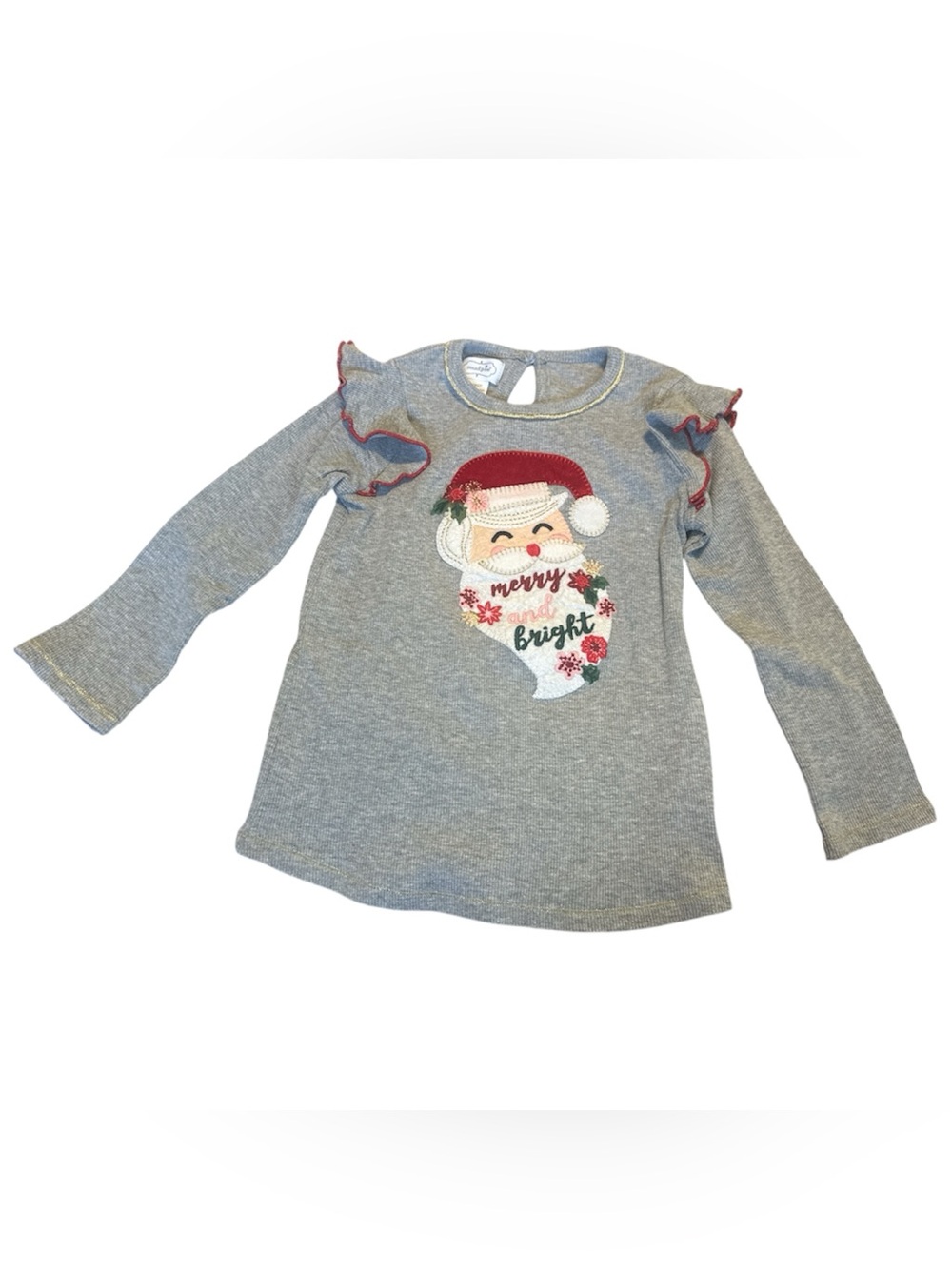 Mud Pie Gray Long-Sleeve Holiday Santa Ruffle Top